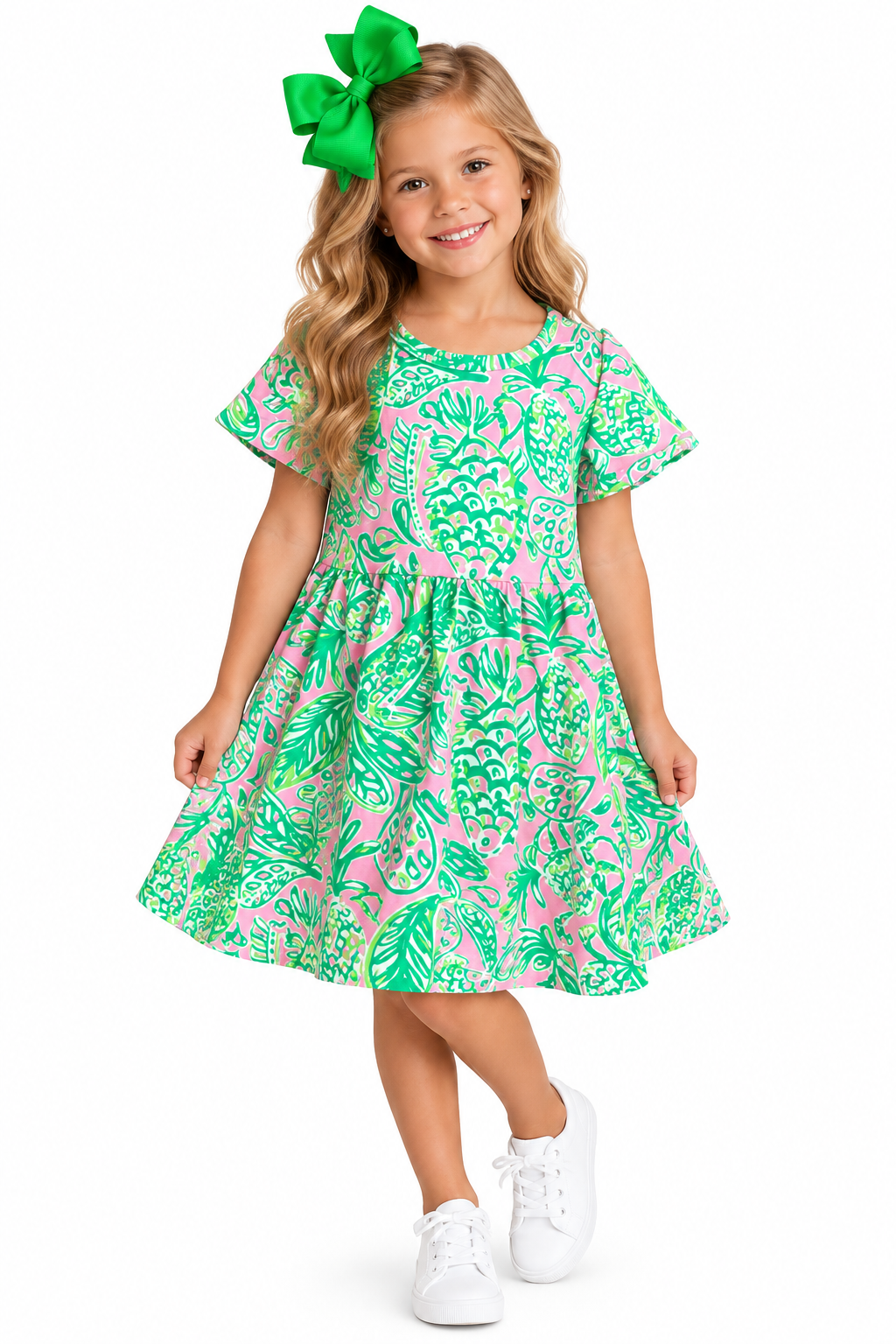 Girls pink and green floral dress
