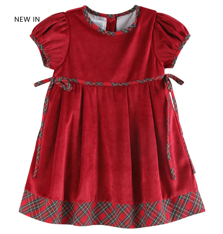 Red Velour and Christmas Plaid Bow Dress