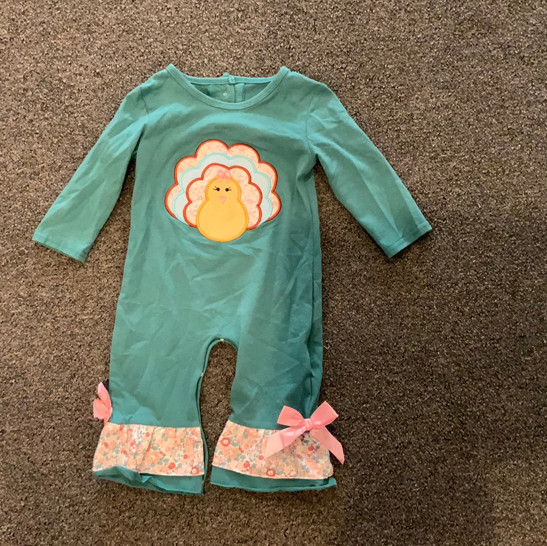 Teal Turkey Thanksgiving Baby Girl Romper