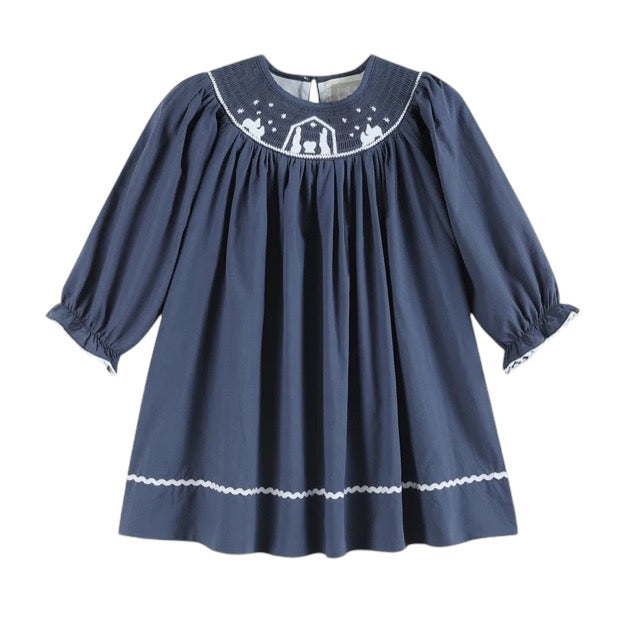 Navy Blue Nativity Long Sleeve Smocked Bishop Dress