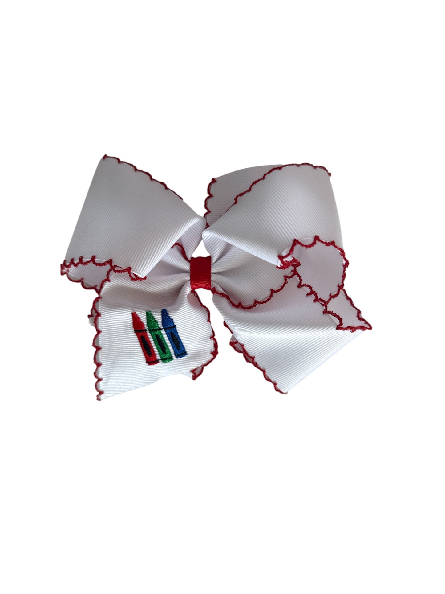 King Grosgrain Hair Bow with Red Moonstitch Edge and Crayon Embroidered