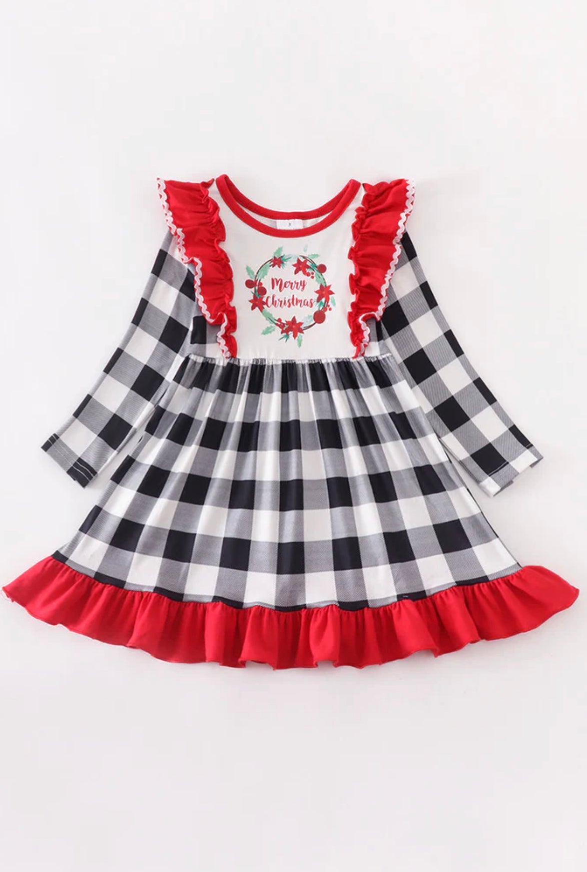 Merry christmas ruffle plaid dress