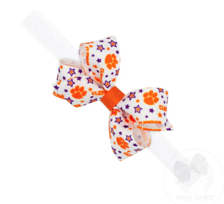 Mini Signature Collegiate Logo Print Grosgrain Hair Bow on Elastic Baby Band