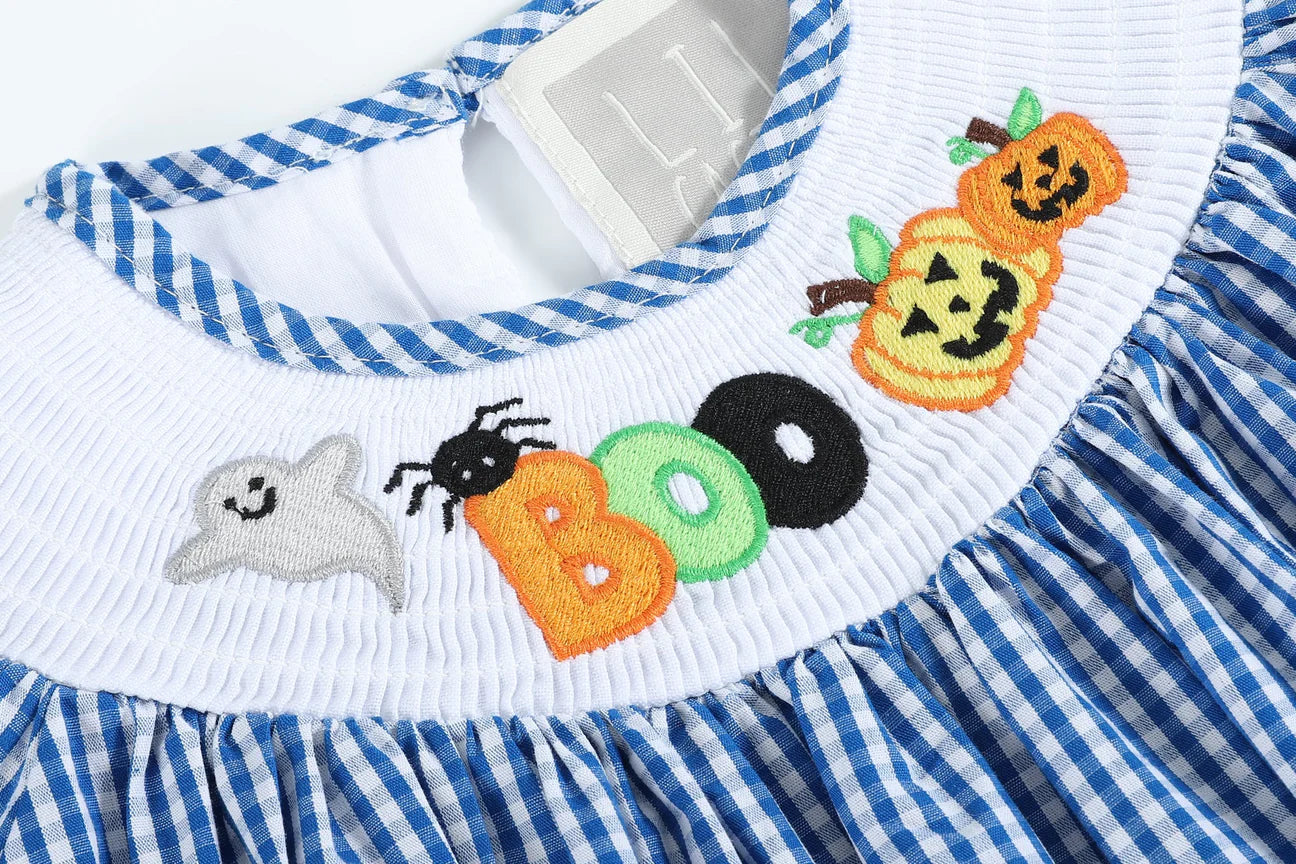 Lil Cactus Blue Gingham Halloween Boo Smocked Bishop Dress