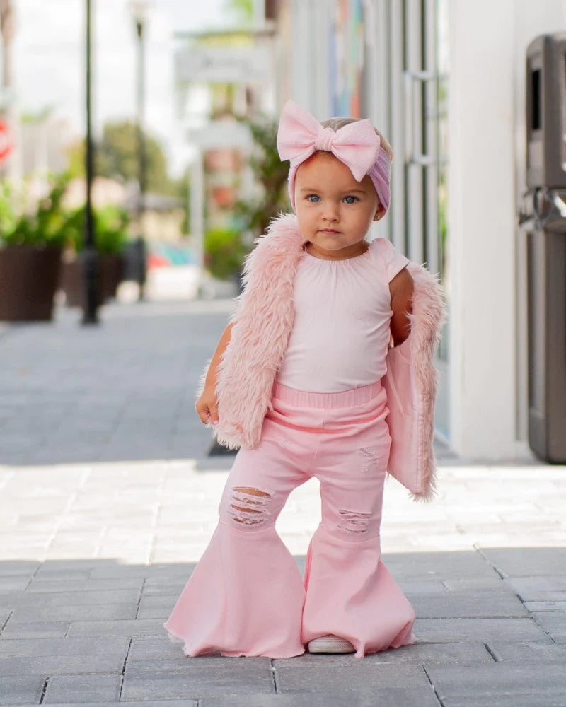 BARBIE PLEATED DENIM BELL BOTTOMS - POWERPUFF DISTRESSED PINK
