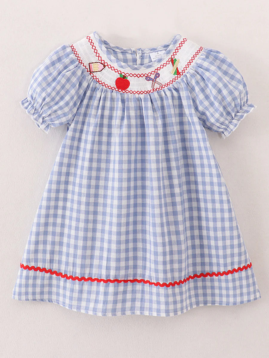 Back to School Smocking Pencil Apple Embroidered Plaid Dress