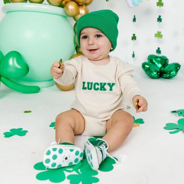 Lucky Varsity Patch St. Patrick's Day Long Sleeve Romper - Natural