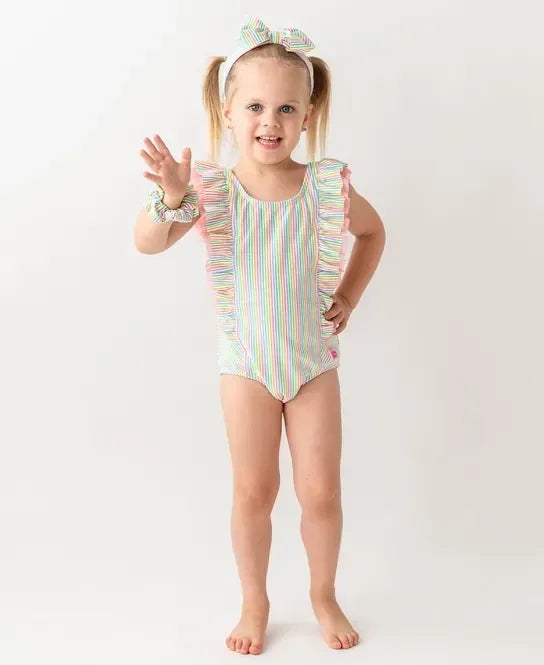 RuffleButts Rainbow Seersucker Seersucker Waterfall One Piece Swimsuit