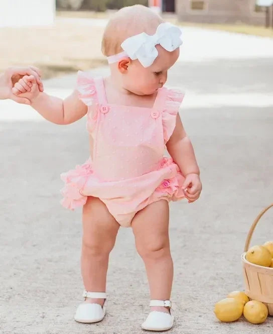 RuffleButts Pink Swiss Dot Flutter Overall Romper