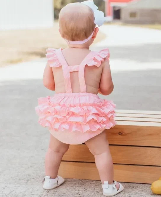 RuffleButts Pink Swiss Dot Flutter Overall Romper