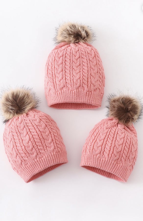 Pink Cable Knit Pom Pom beanie