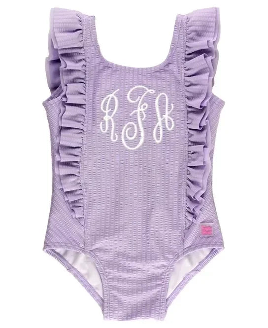 RuffleButts Lavender Seersucker Waterfall One Piece Swimsuit