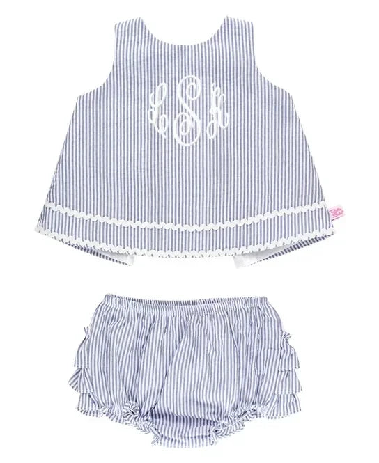 RuffleButts Periwinkle Blue Seersucker Ric Rac Swing Top and Bloomer Set