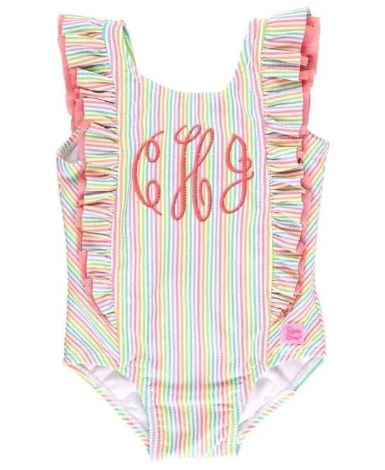 RuffleButts Rainbow Seersucker Seersucker Waterfall One Piece Swimsuit