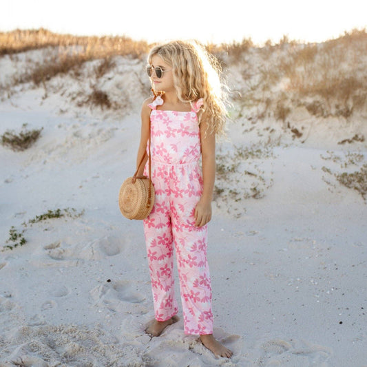 Kids Pink White Floral Button Ruffle Summer Pocket Jumpsuit
