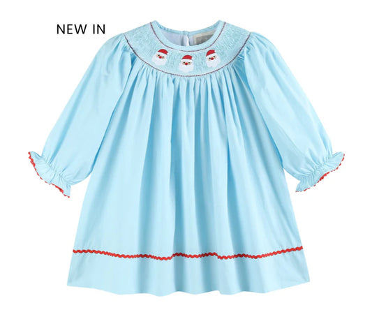 Blue Santa Smocked Bishop Dress