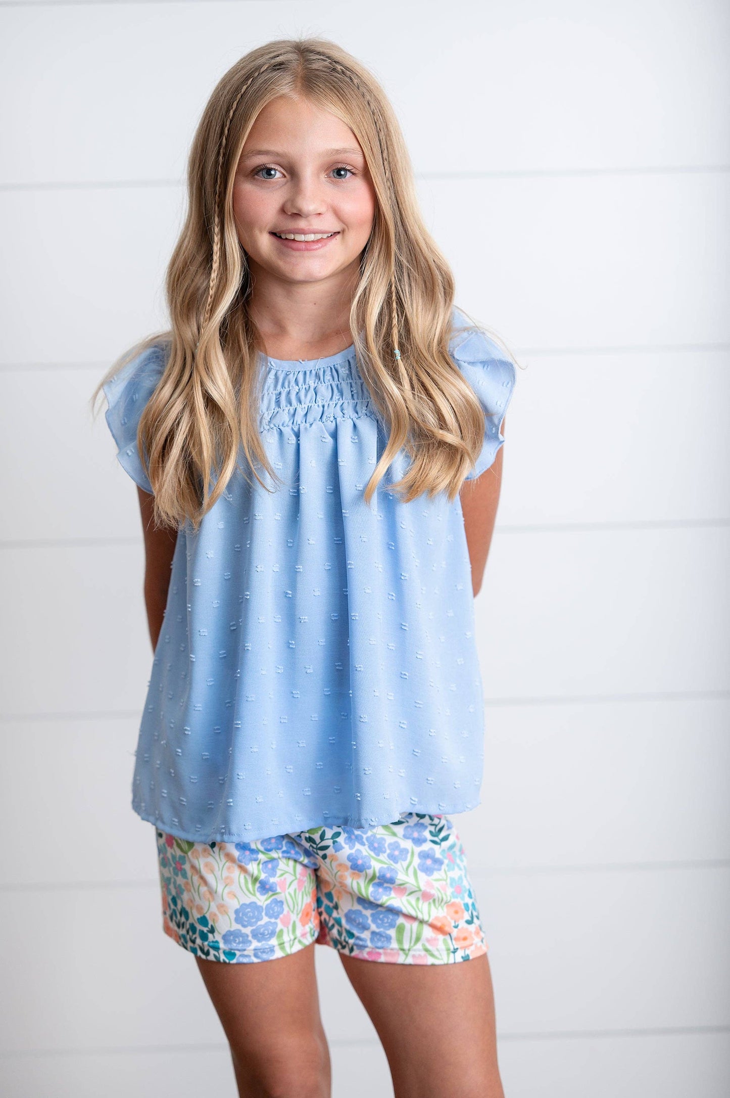 Girls Periwinkle Floral Spring Summer Ruffle Short Set