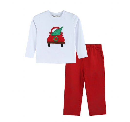 White Christmas Tree Truck Shirt and Red Pants Set