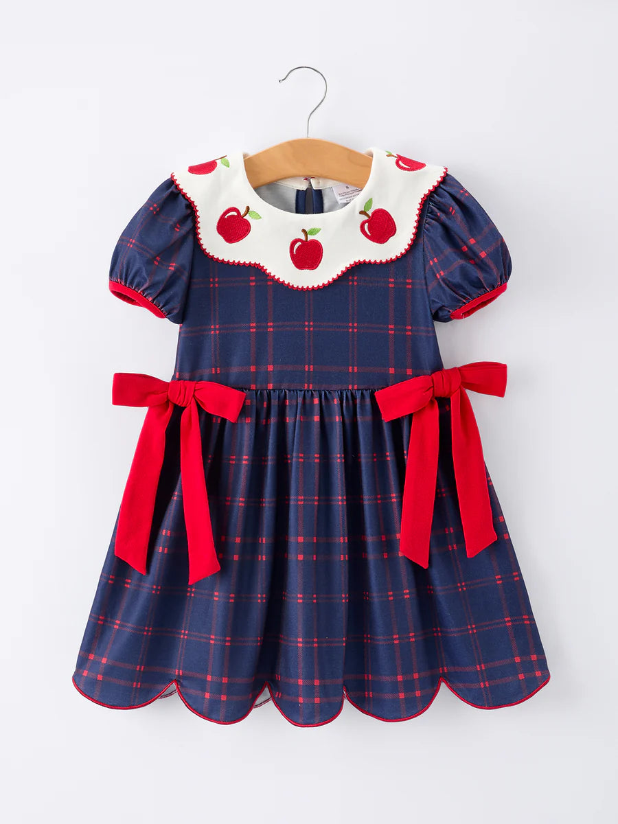 Back to School Apple Plaid Girls Dress with Scallop Hem