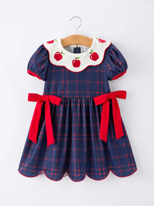 Back to School Apple Plaid Girls Dress with Scallop Hem