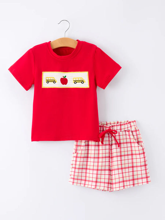 Back to School School Bus Boys Red Plaid Set