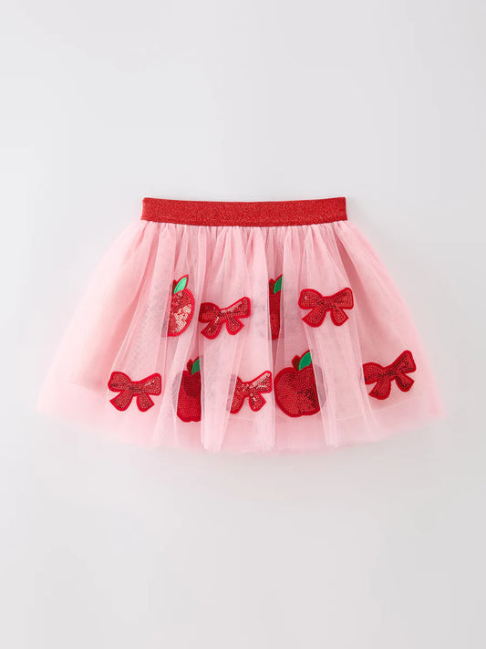Back to School Apple Bow Tulle Sequin Skirt
