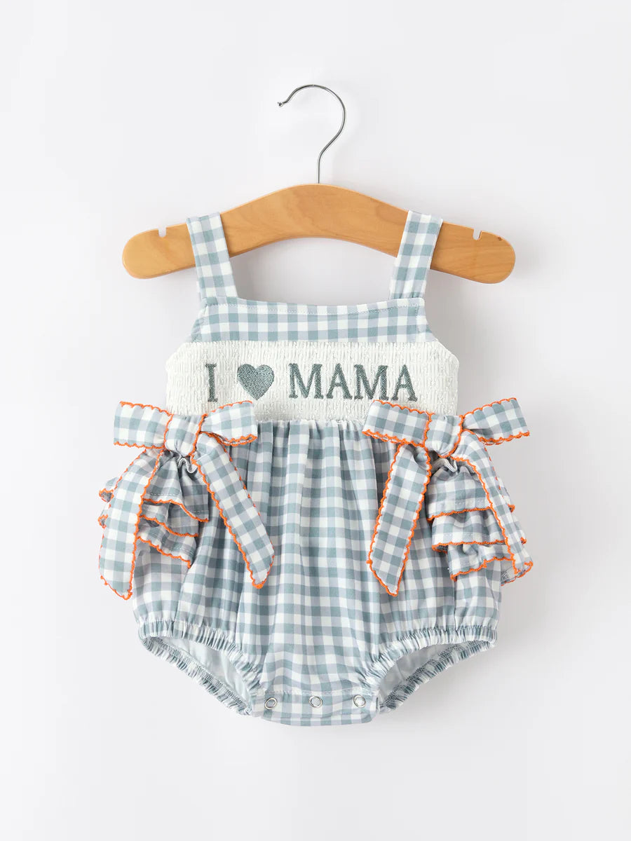 Summer Plaid Smocked I love Mama Ruffle Bubble