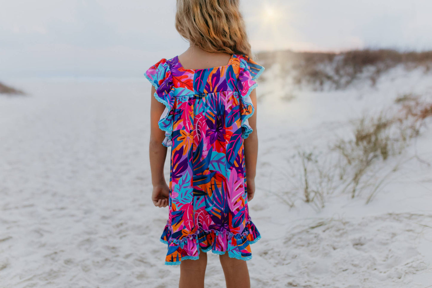 Girls Bright Pink Blue Tropical Ruffle Spring Summer Dress
