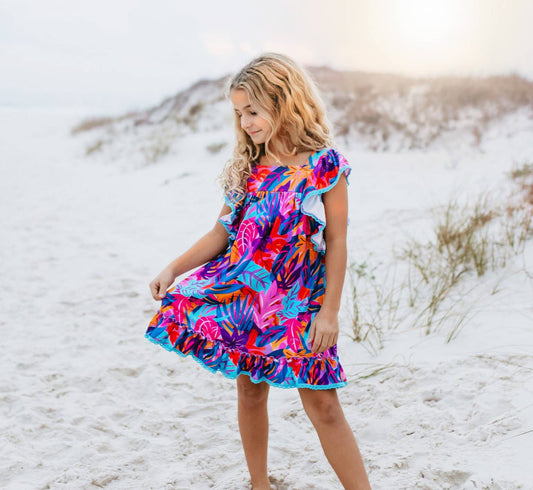 Girls Bright Pink Blue Tropical Ruffle Spring Summer Dress