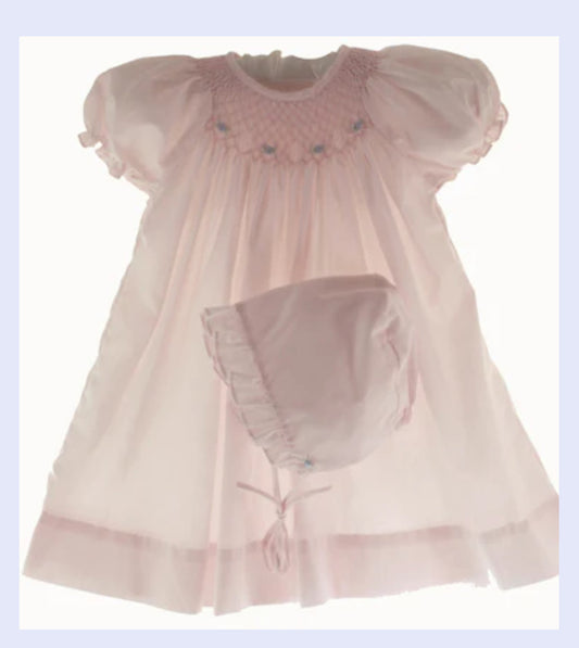 Pink Smocked Day Dress with Blue Rosettes