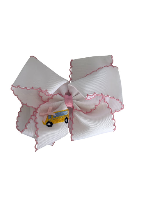 King Grosgrain Hair Bow with Pink Moonstitch Edge and School Bus Embroidery