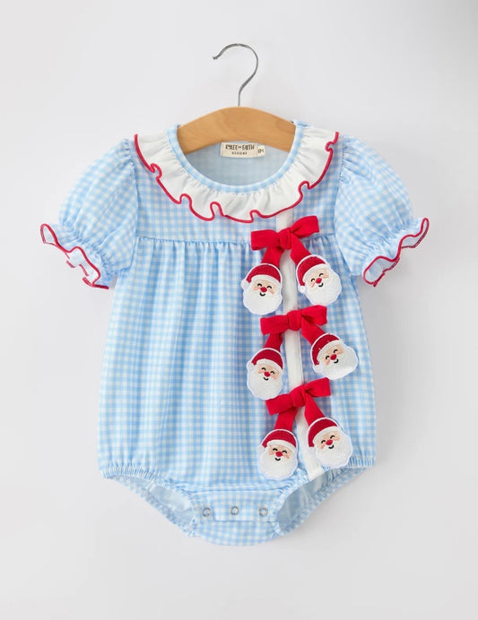 Christmas Santa Bow Plaid Girls Bubble Romper