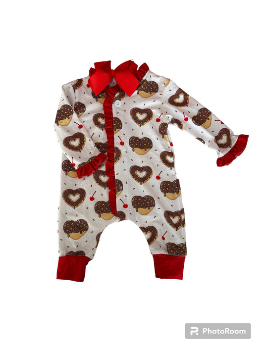 Heart Donuts - Ruffle Buttflap Pajamas Romper