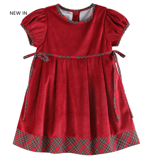 Red Velour and Christmas Plaid Bow Dress