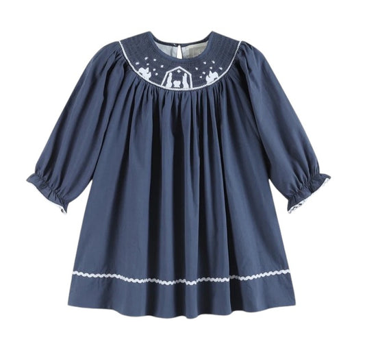 Navy Blue Nativity Long Sleeve Smocked Bishop Dress