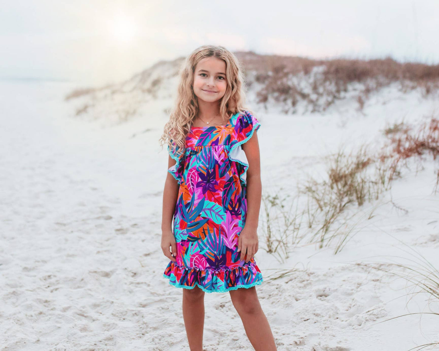 Girls Bright Pink Blue Tropical Ruffle Spring Summer Dress