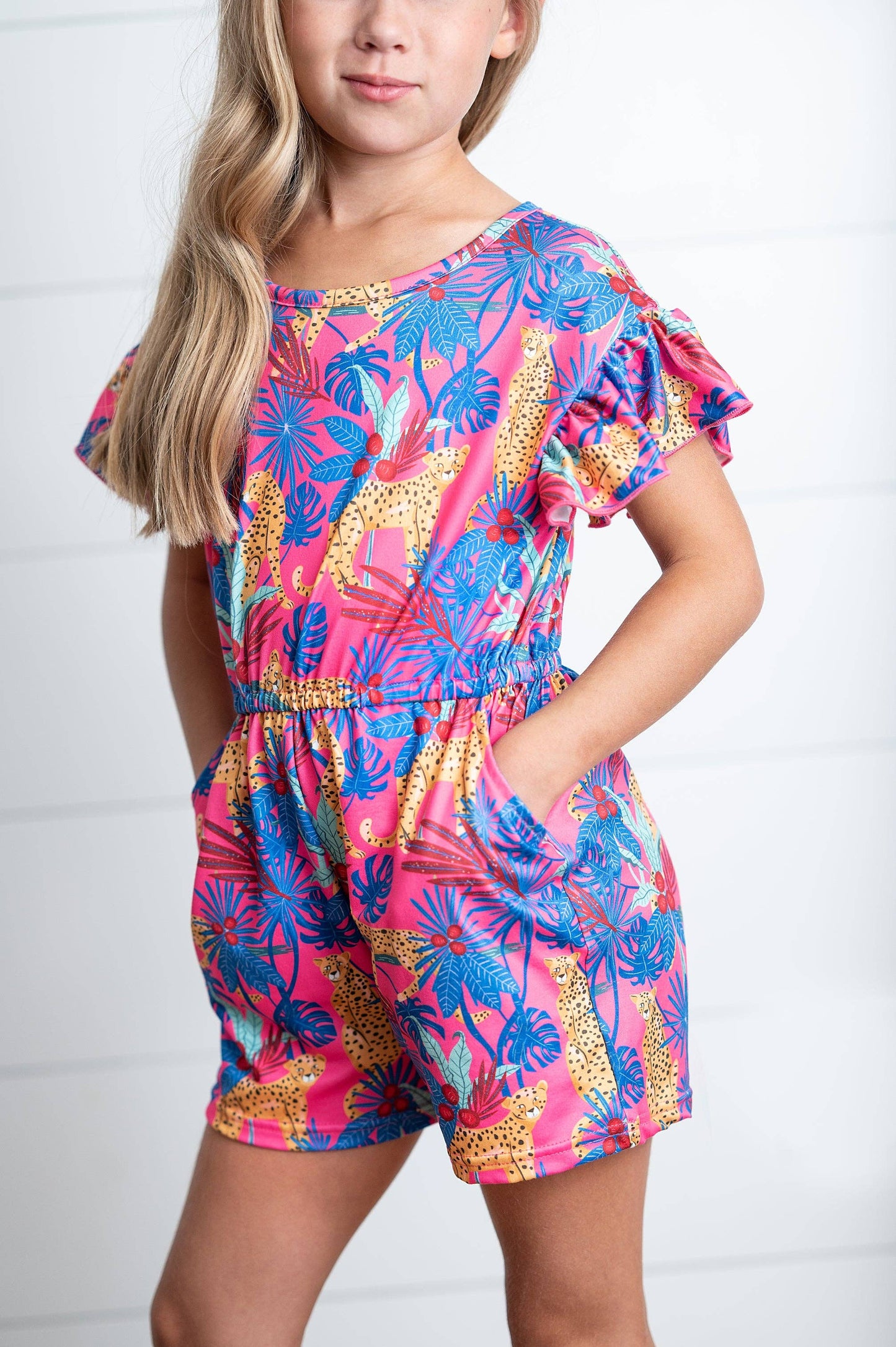 Girls Pink Orange Cheetah Animal Summer Romper Short Set