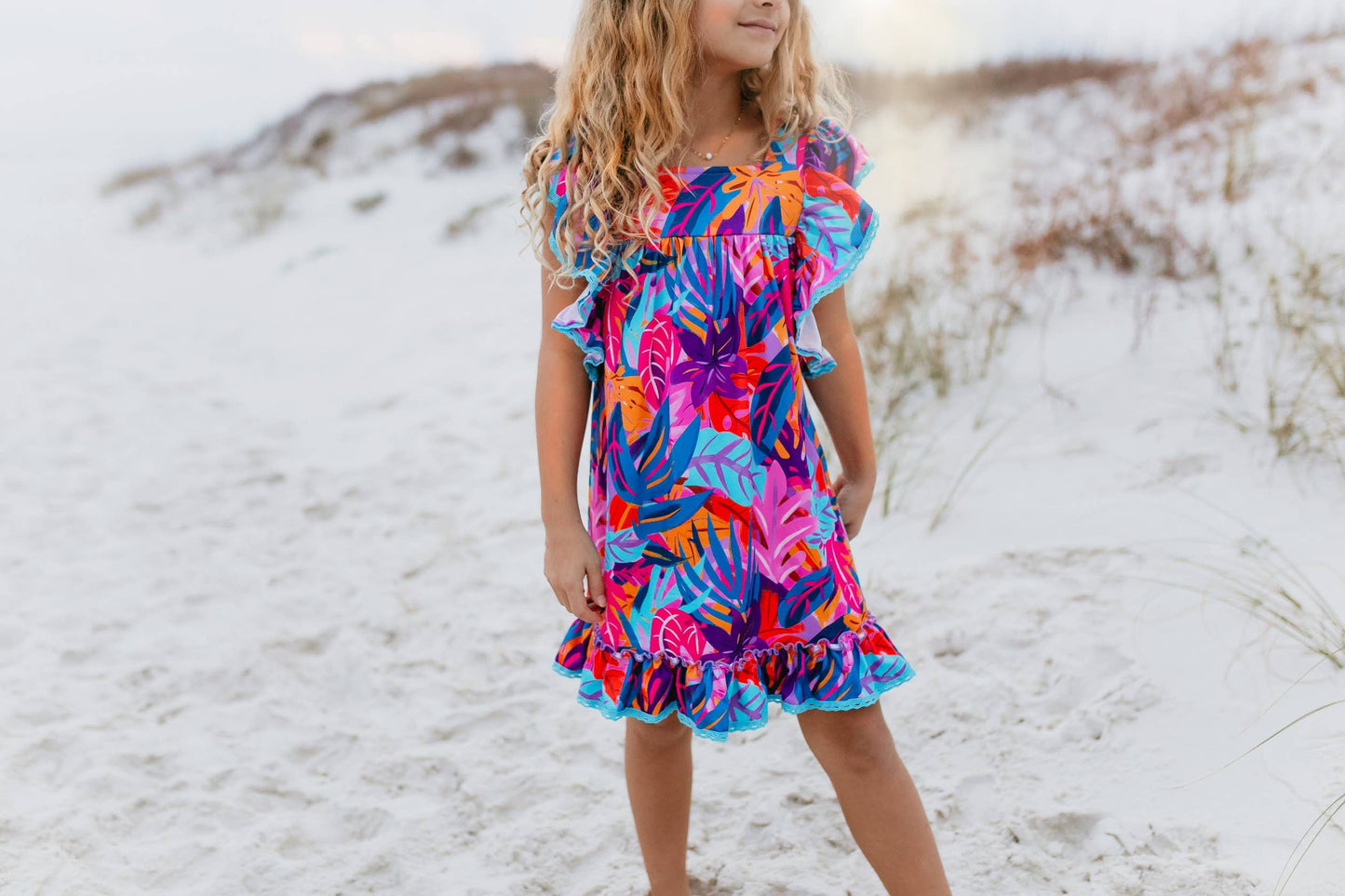 Girls Bright Pink Blue Tropical Ruffle Spring Summer Dress
