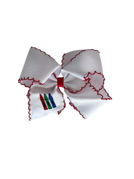 King Grosgrain Hair Bow with Red Moonstitch Edge and Crayon Embroidered