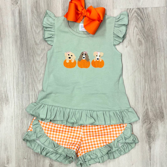 Girls Puppies & Pumpkins Ruffle Short Set