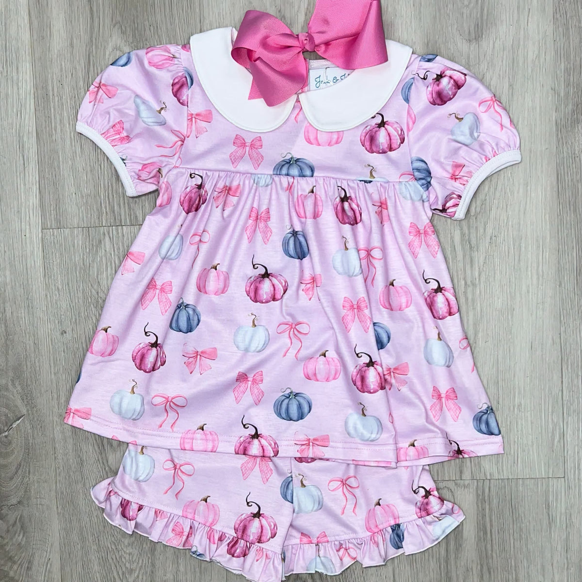 Girls Pink Pumpkin Collared Shorts Set