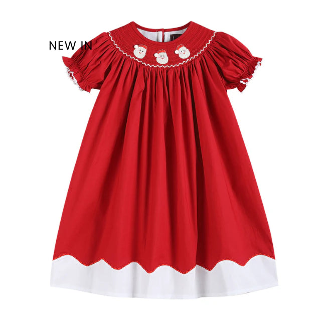 Red and White Santa Smocked Bishop Dress