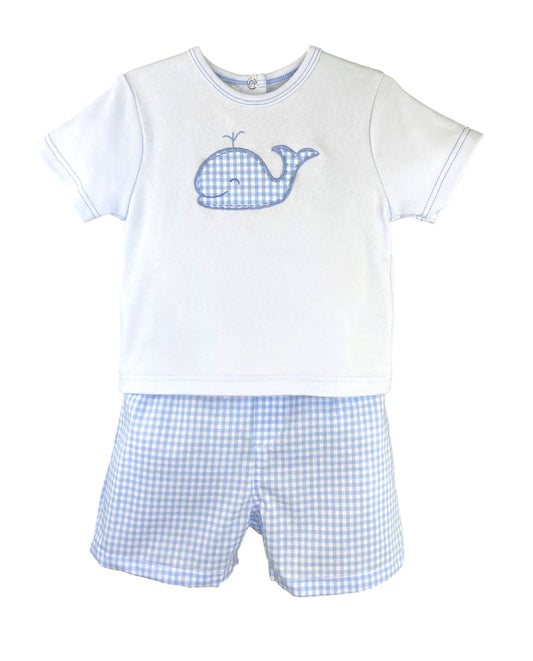 WHALE APPLIQUE BLUE GINGHAM SHORT SET