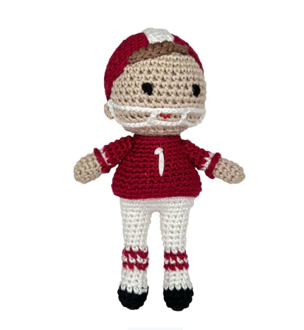 Football Player Bamboo Crochet Rattle - Maroon & White