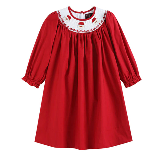 Red Poplin Santa Long Sleeve Smocked Bishop Dress