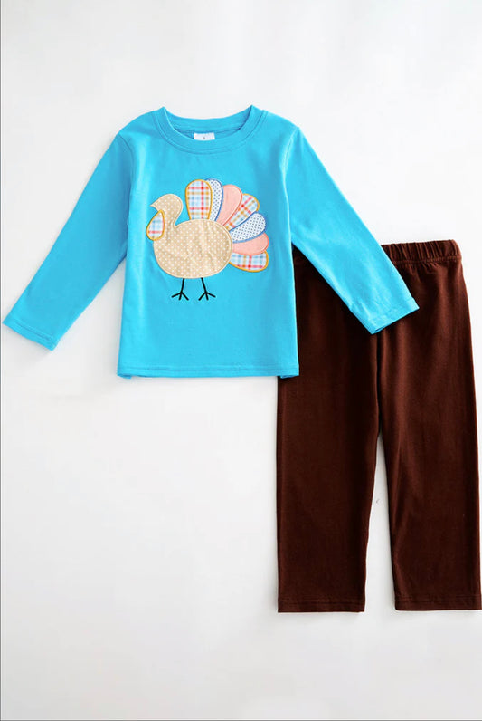 Blue Thanksgiving turkey applique & pants boy outfit