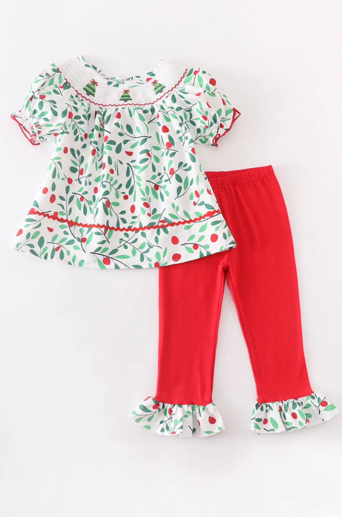 Green christmas tree embroidery smocked ruffle set