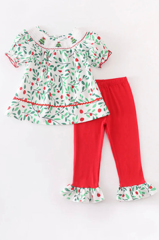 Green christmas tree embroidery smocked ruffle set