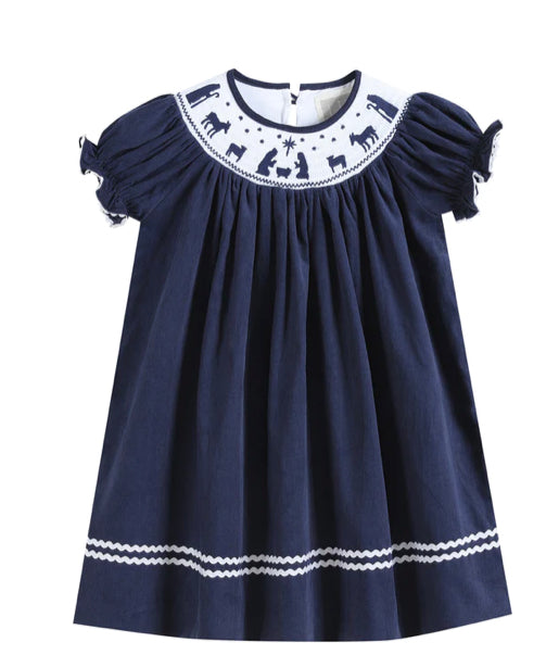 Navy Blue Corduroy Nativity Smocked Bishop Dress