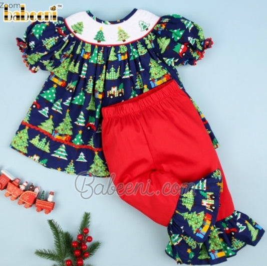 Xmas tree smocked girl set print top red bottom
